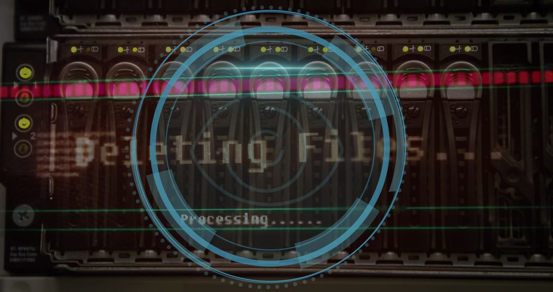 Digital interface over server room displaying data processing