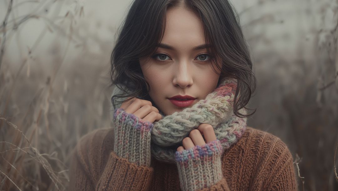 Contemplative Woman in Rustic Autumn Field with Knitwear