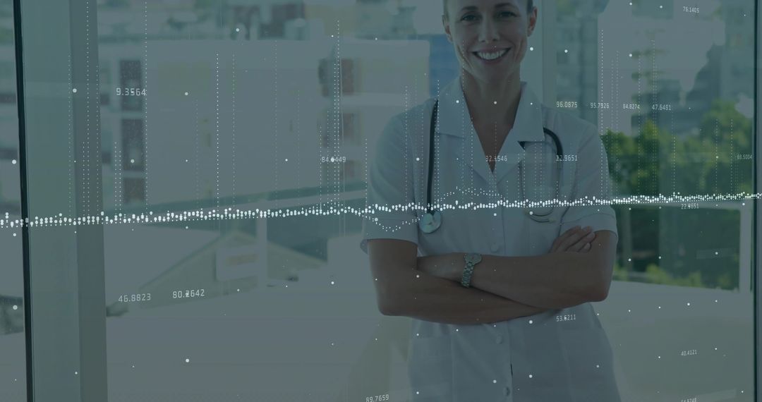 Doctor with Stethoscope Overseeing Data by Office Window