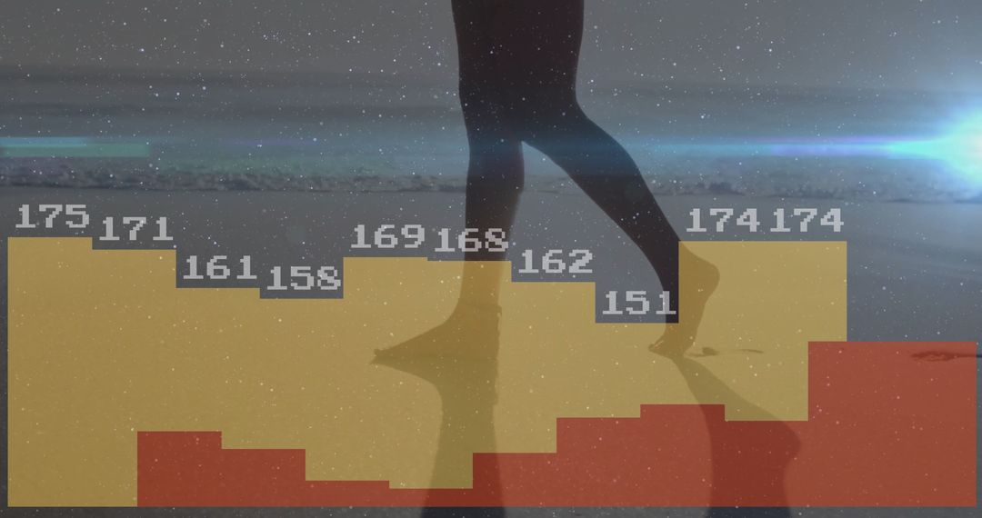 Silhouette of Walking Woman with Bar Chart Overlay at Beach