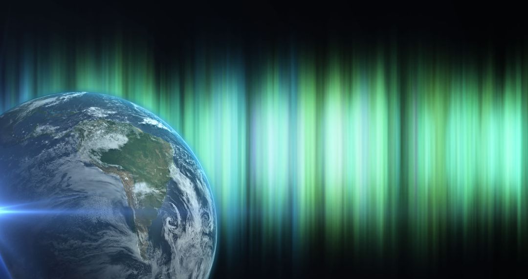 Earth with Vibrant Green Light Trails in Space
