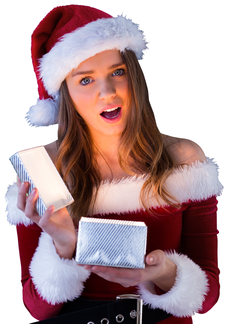 Surprised Woman in Santa Hat with Unwrapped Gift on Transparent Background - Download Free Stock Images Pikwizard.com