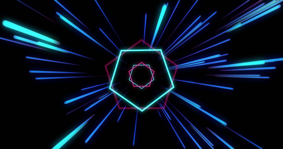 Neon Light Beams and Hexagons on Black Background