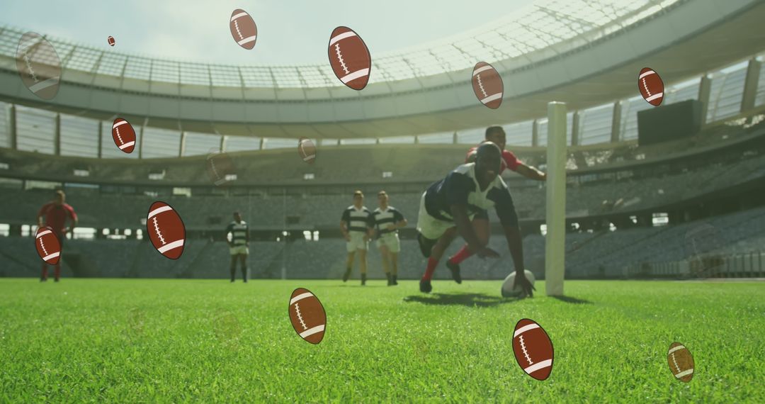 Diverse Rugby Players Competing in Stadium with Virtual Overlay
