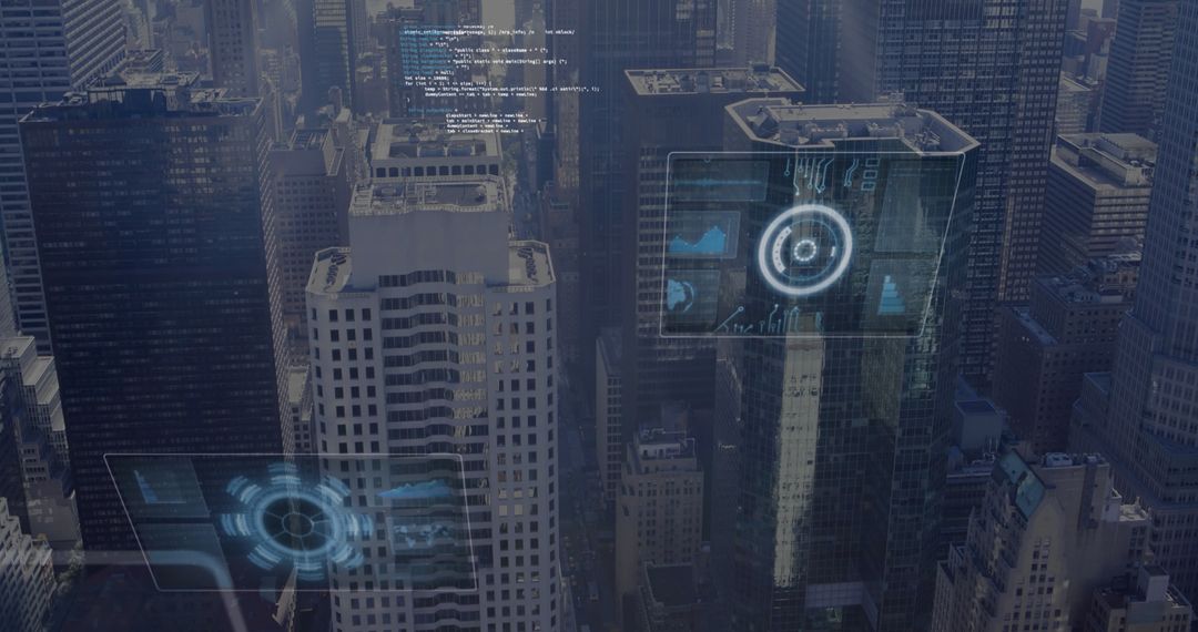 Futuristic Digital Interfaces Over Cityscape Skyline