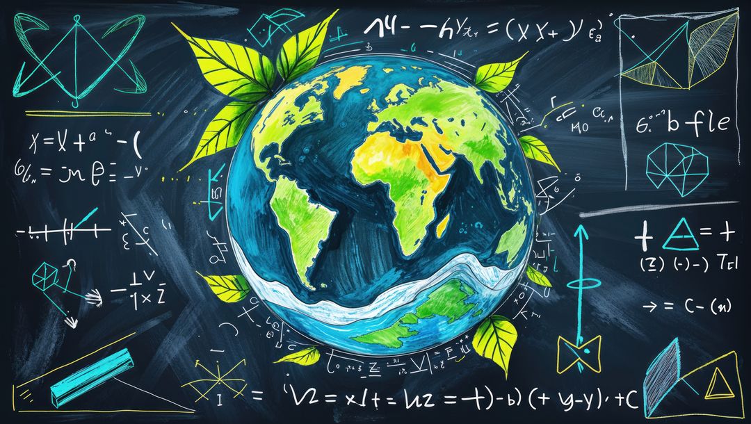 Earth Globe with Green Leaves and Chalkboard Formulas