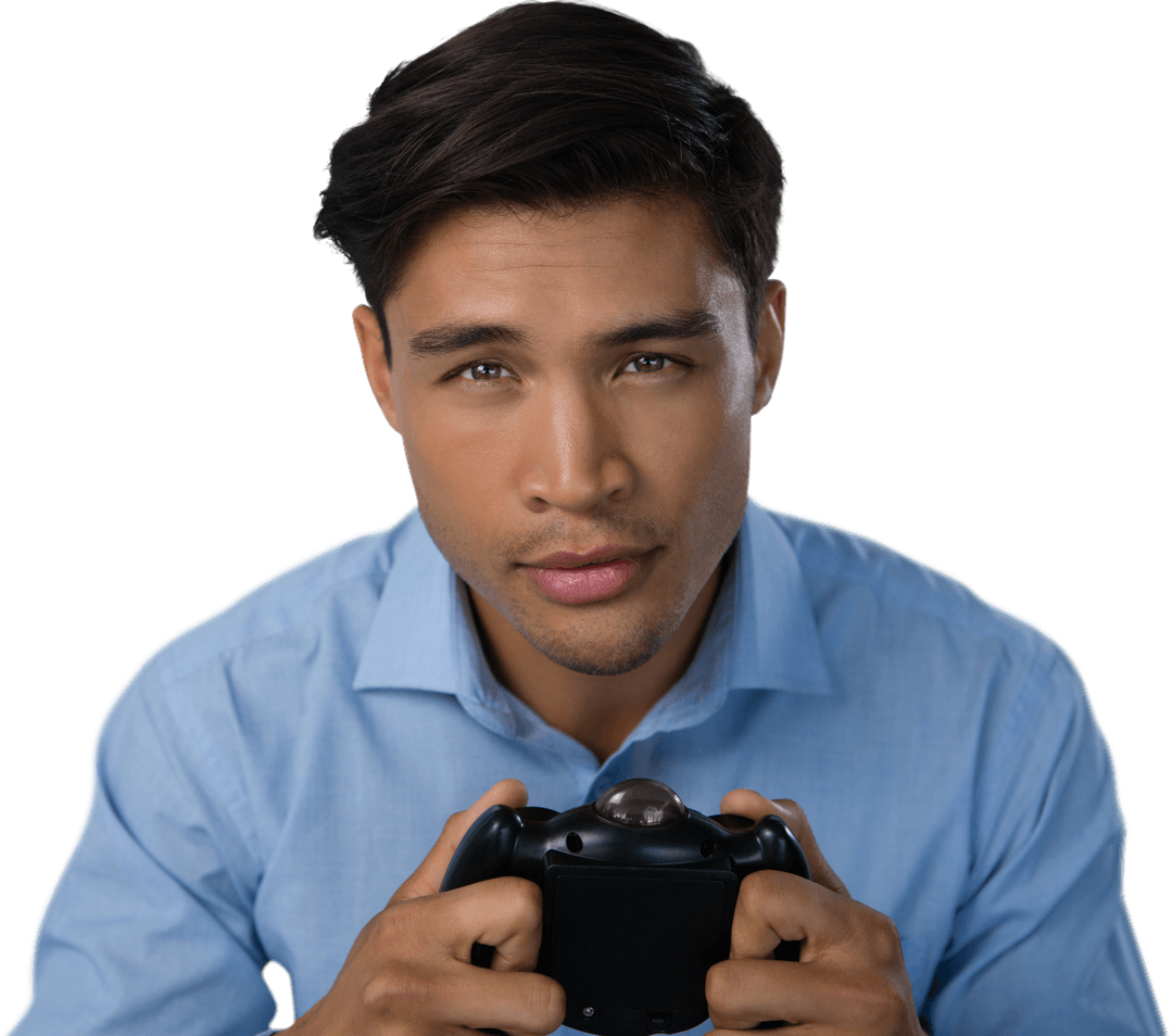 Focused Biracial Man Holding Game Pad on Transparent Background