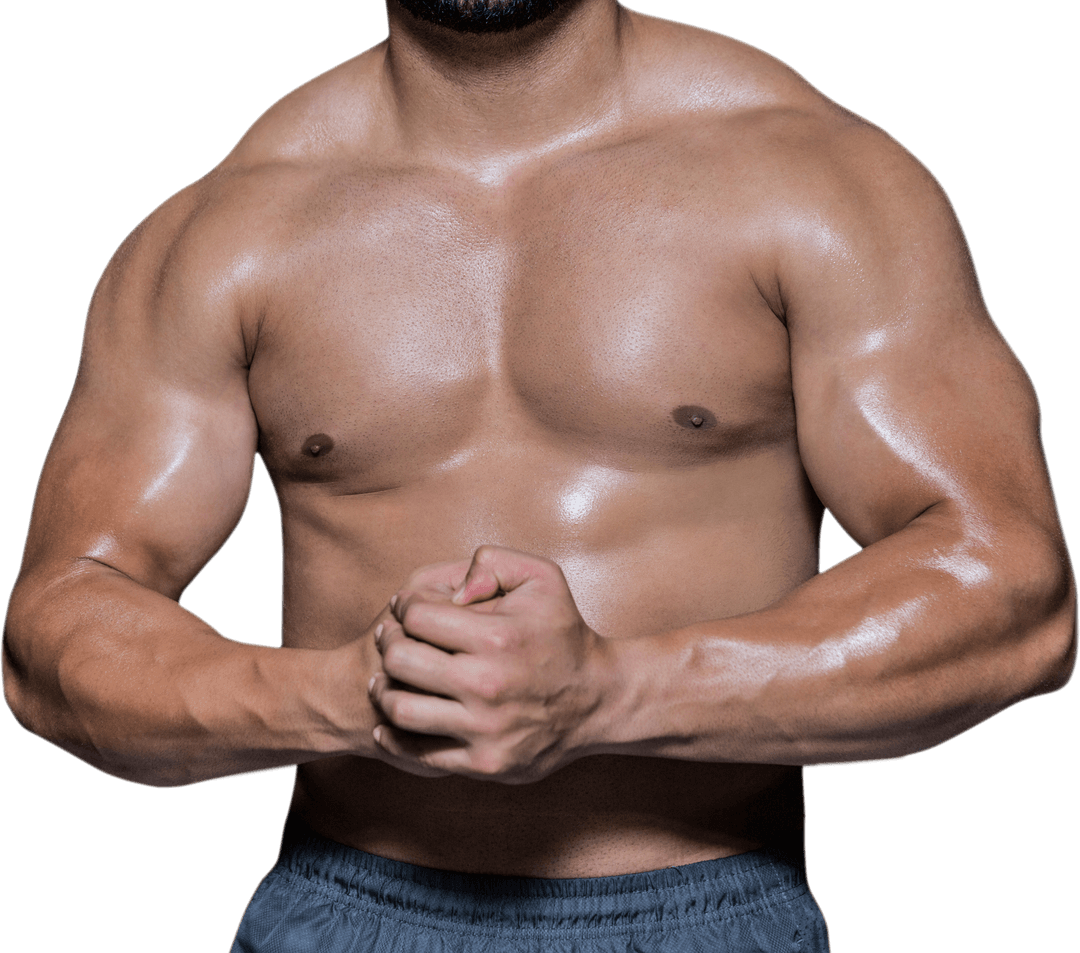 Transparent muscular man flexing arms midsection