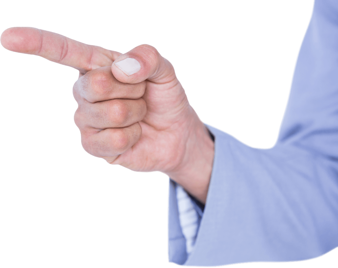 Male Hand Pointing Positively in Blue Jacket Transparent Background