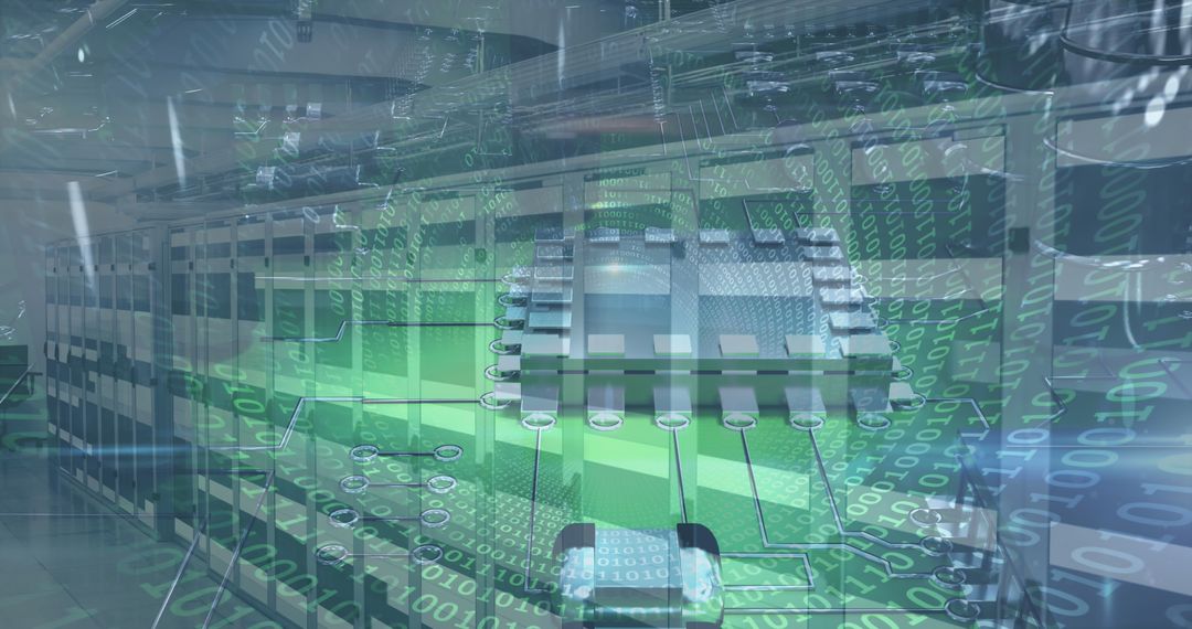 Futuristic Server Room with Digital Interface Overlay