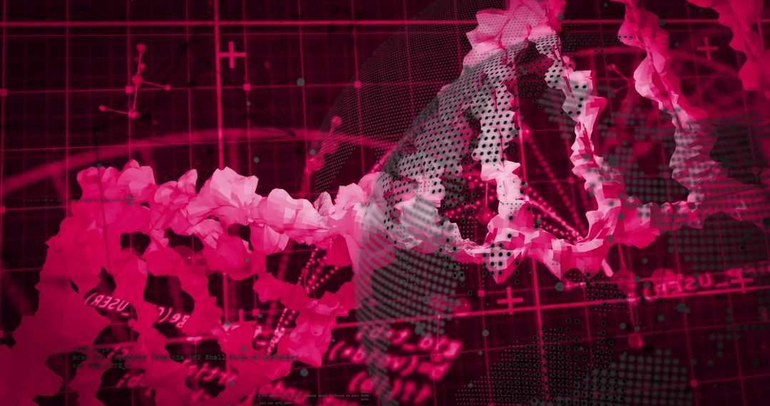 DNA Helix with Digital Data on Dark Grid Background