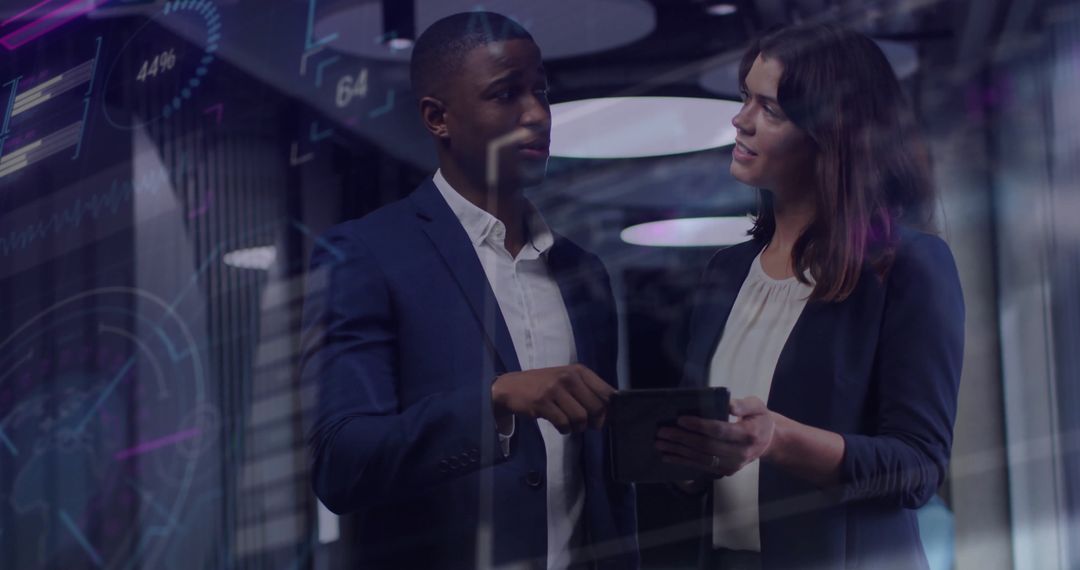 Professionals Collaborating with Digital Analytics Overlay