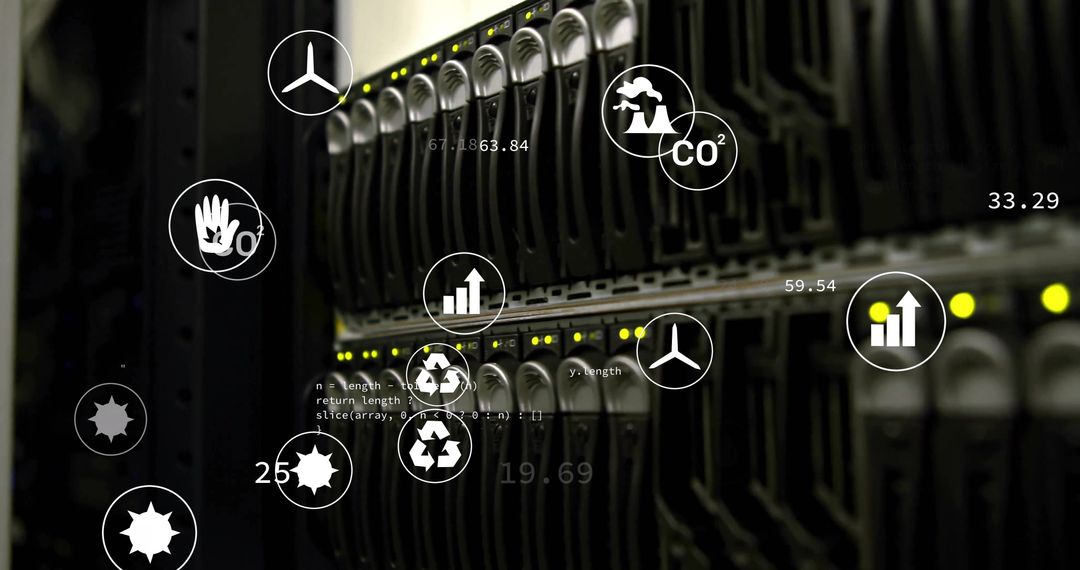 Server Rack in Datacenter with Energy Efficiency Icons