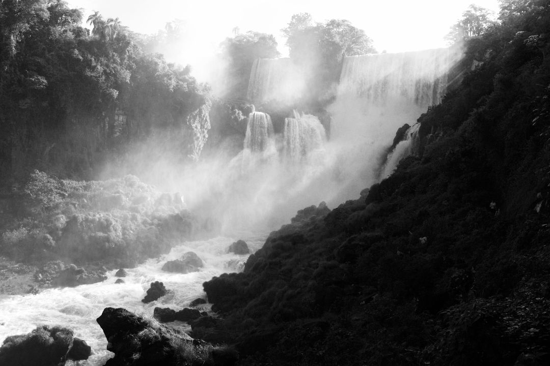 Dramatic Black and White Waterfall in Forest - Free Images, Stock Photos and Pictures on Pikwizard.com
