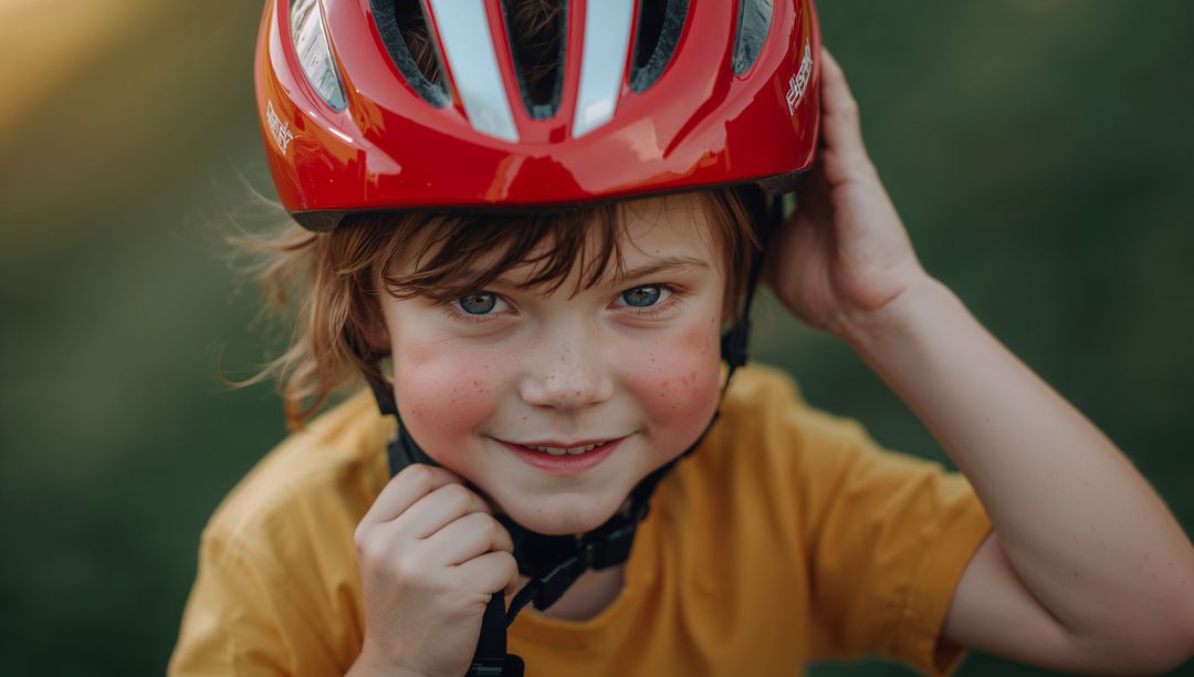 Smiling Child Adjusting Red Bicycle Helmet Close-Up with Mustard Shirt Outdoors