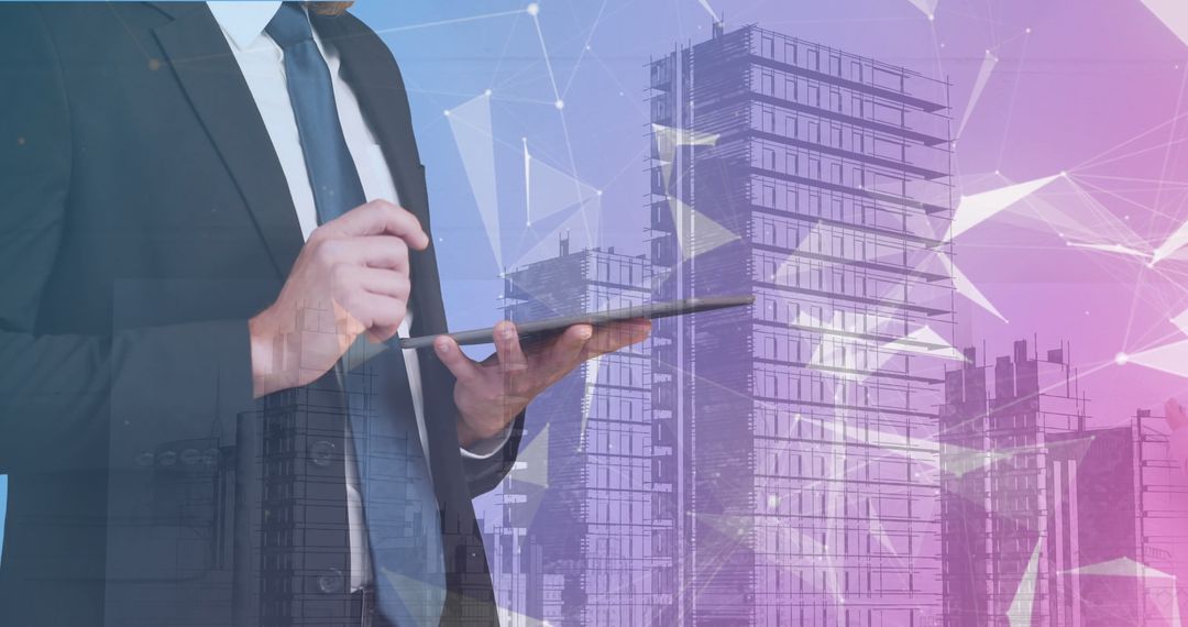 Businessman Analyzing Data with Digital City Overlay