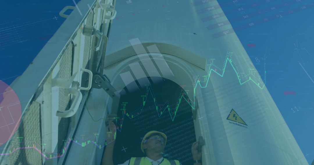 Engineer with Digital Data Overlay on Wind Turbine for Renewable Energy