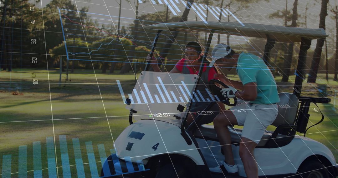 Golfers Analyzing Digital Dashboard on Golf Cart with Club Insights