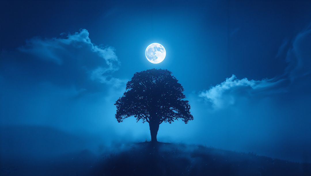 Lone Tree Silhouette Under Full Moon Amidst Misty Night Sky