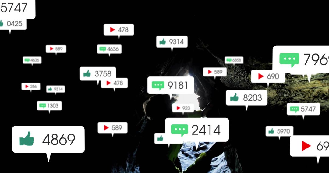 Adventure Hikers in Cave with Social Media Engagement Graphics