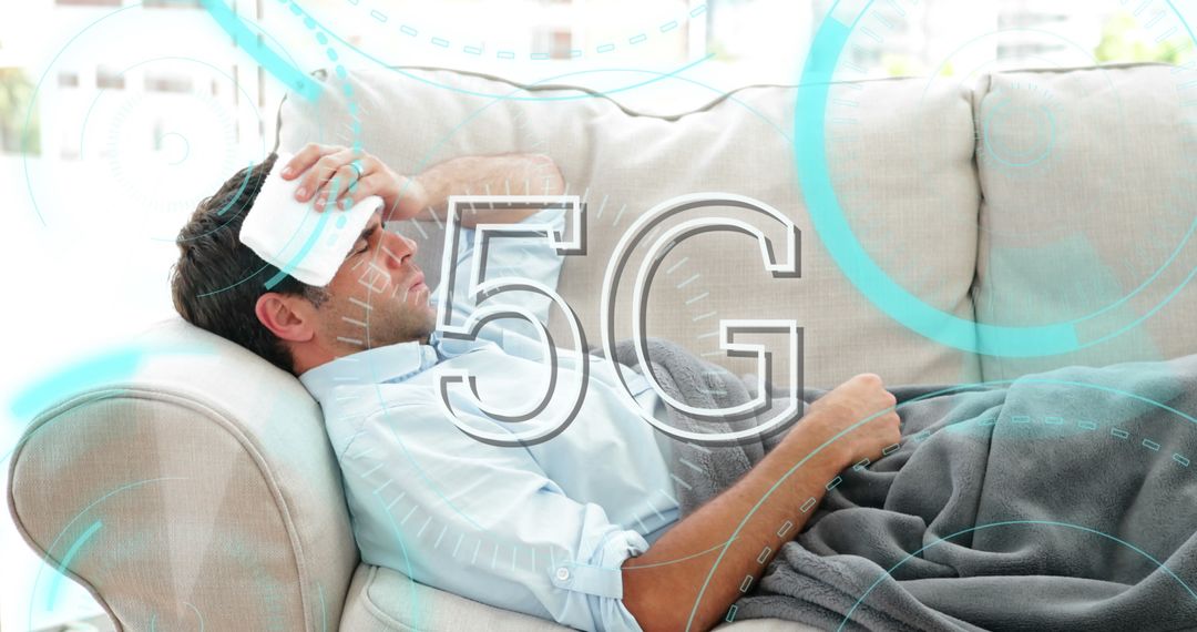 5G Technology Concept with Ill Man on Couch