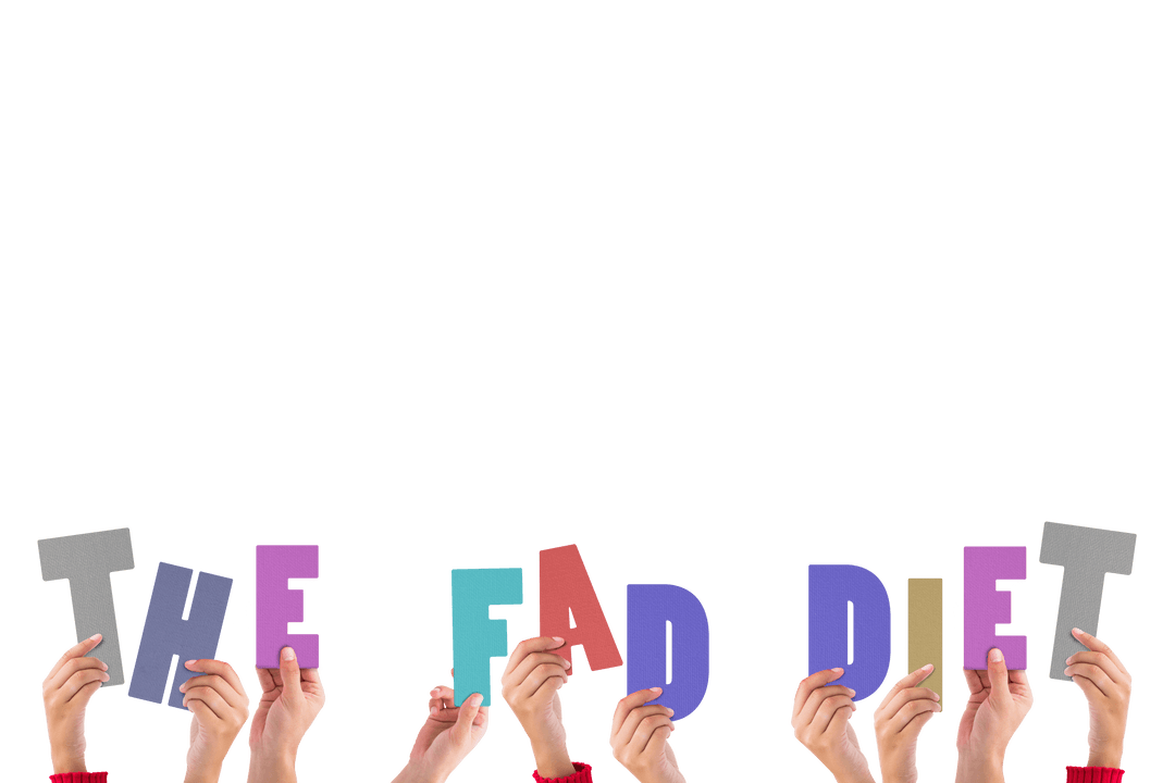 Hands Holding Titled Lettering of The Fad Diet on Transparent Background