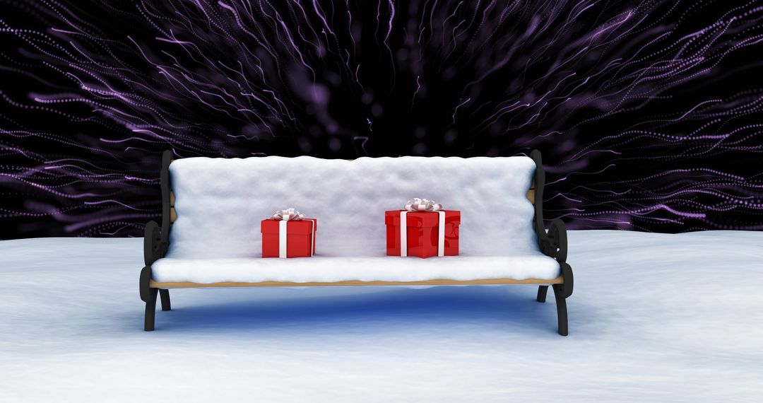 Christmas Presents in Snowy Bench with Fireworks Display