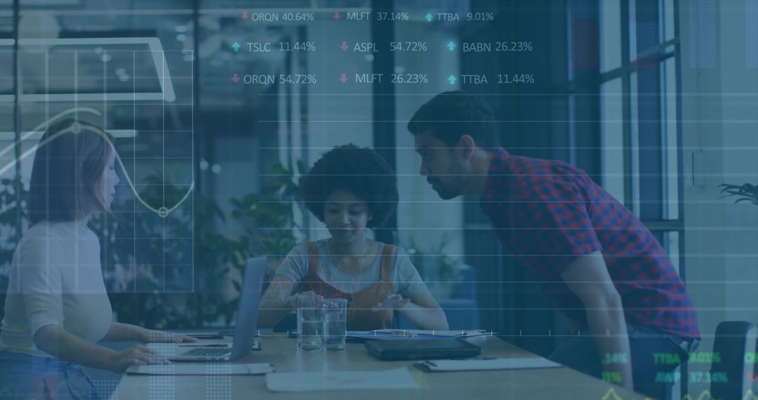 Team of Professionals Analyzing Data with Digital Overlay