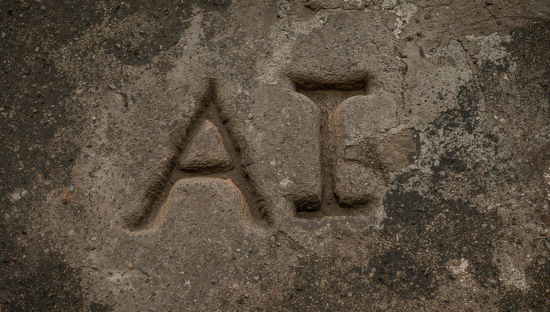 Weathered Stone Carving Revealing Letters A and T on Textured Monument Slab with Lichen