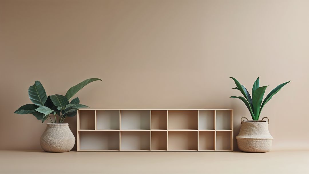 Minimalist shelving with woven planter pots and green houseplants for website designs