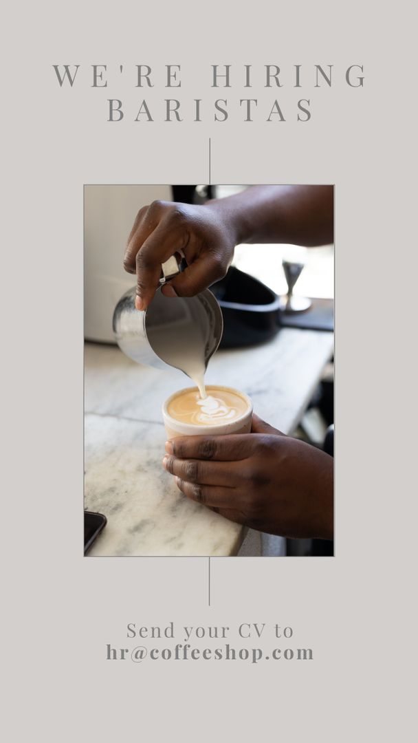 Vertical image of we are hiring baristas over hands of african american man preparing coffee - Download Free Stock Templates Pikwizard.com