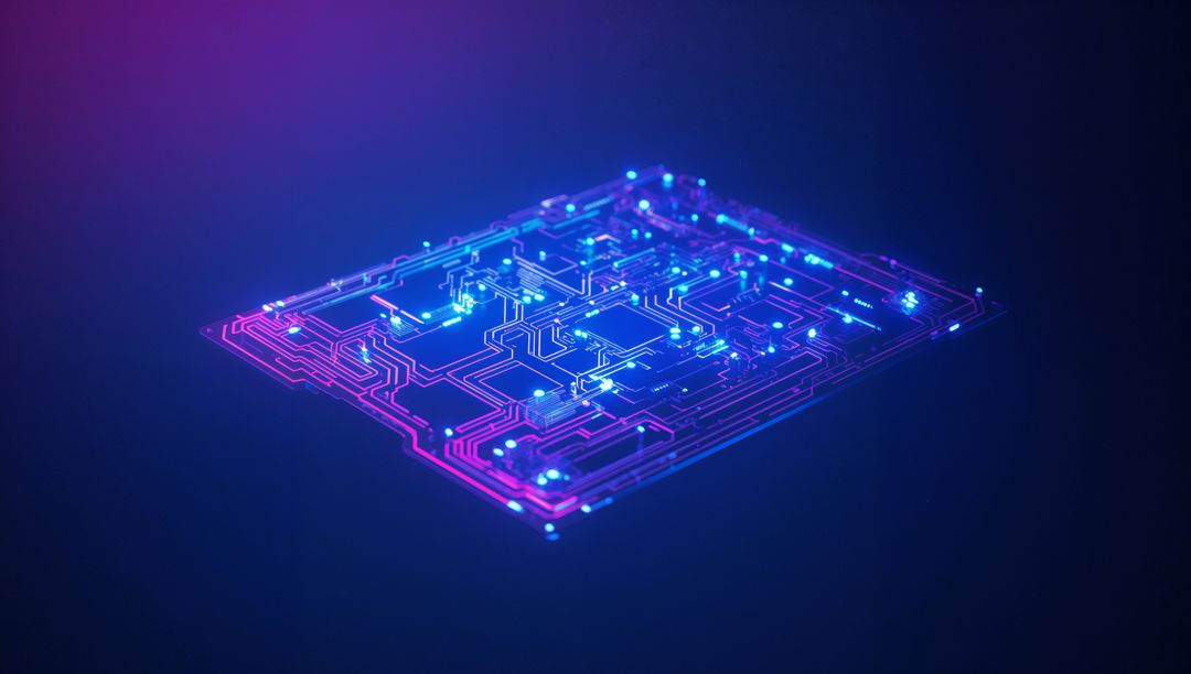 Glowing Neon AI Circuit Board Floating in Dark Void