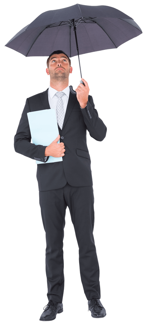 Transparent Businessman Under Umbrella Holding Documents