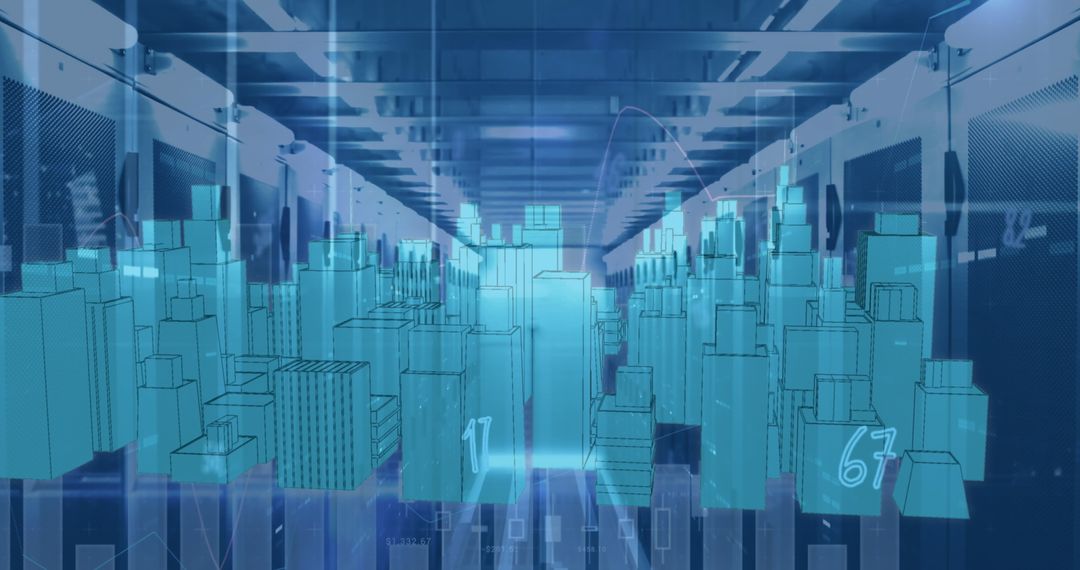 Futuristic Server Room with Digital Cityscape Overlay