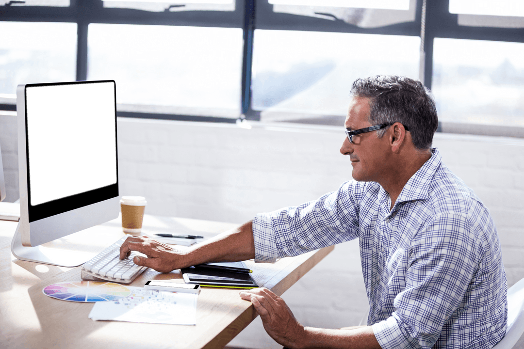 Transparent Dedicated Businessman Working on Desktop Computer in Office