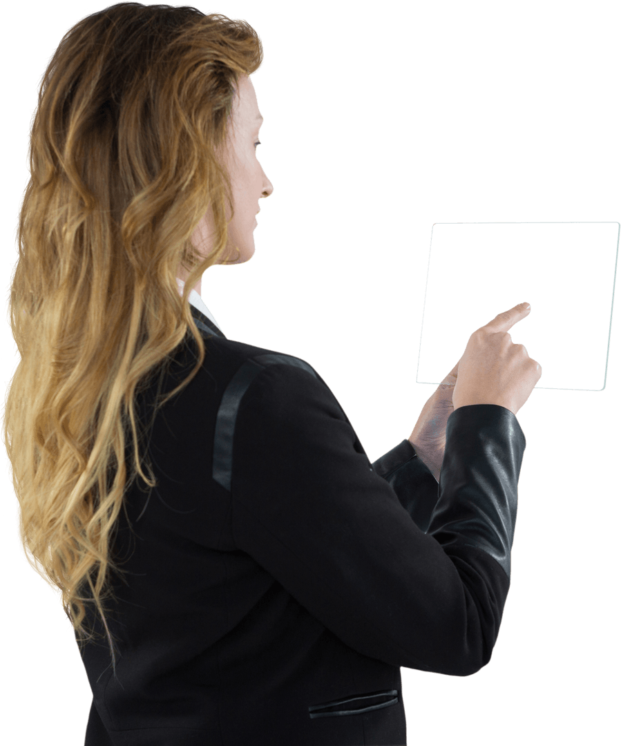 Businesswoman Interacting with Transparent Digital Tablet