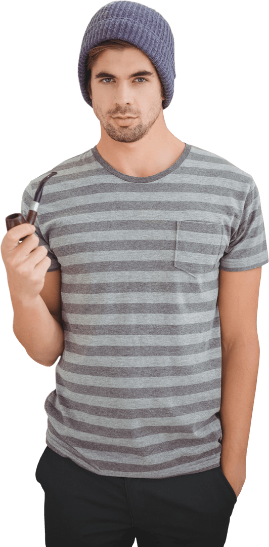 Transparent Stylish Man Holding Pipe in Casual Attire
