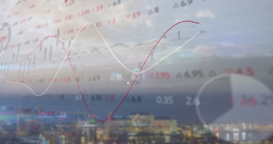 Financial Data Processing Overlay on Urban Skyline When Sunset