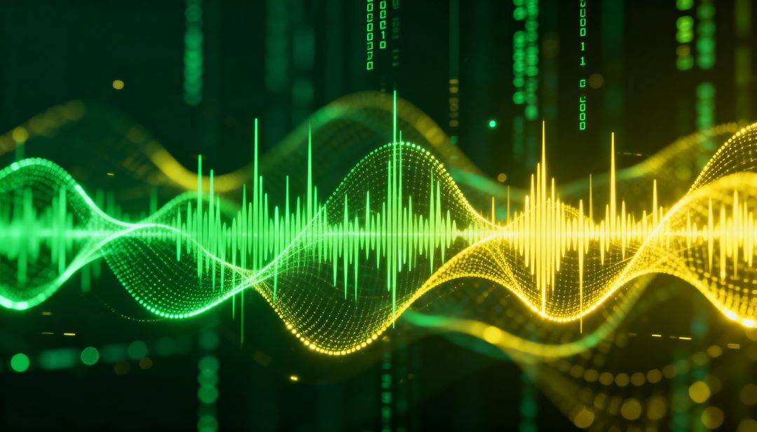Neon Audio Waveform Visualization Showing Green and Yellow Data Ribbons and Digital Signal