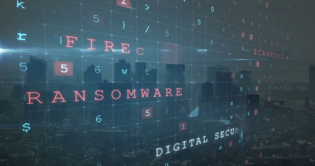 Ransomware Alert with Cybersecurity Code Above City Skyline