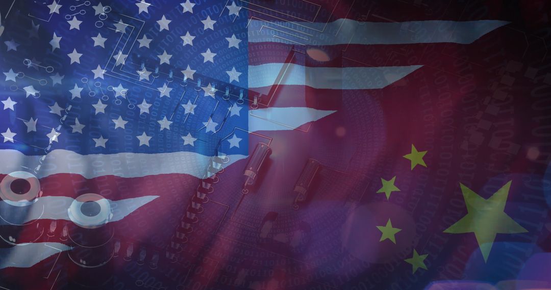 US and China Flags Merging with Digital Technology Theme
