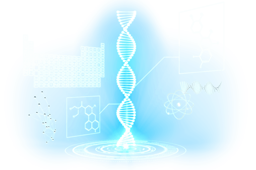Transparent Science Infographics with DNA Helix and Molecular Diagrams