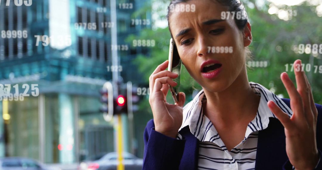 Businesswoman Analyzing Data with Virtual Numbers Overlay