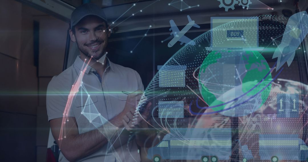 Man Interacting with Futuristic Global Technology Transformation Interface