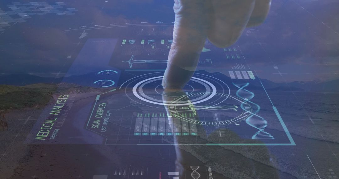 Futuristic Medical Interface in Outdoor Setting with DNA Helix