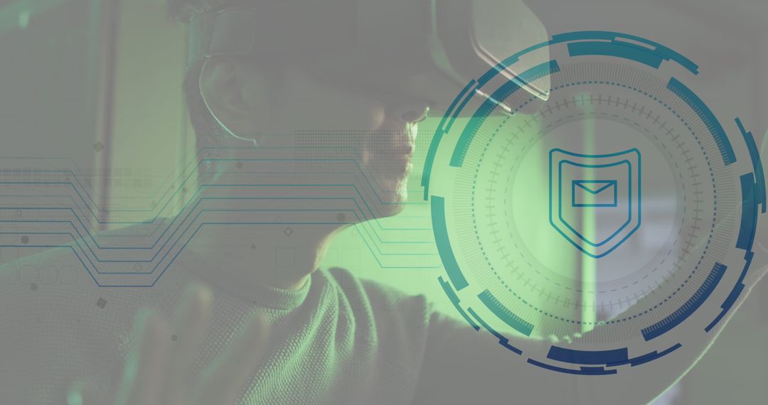 Man Using VR Headset with Digital Security Interface Overlay