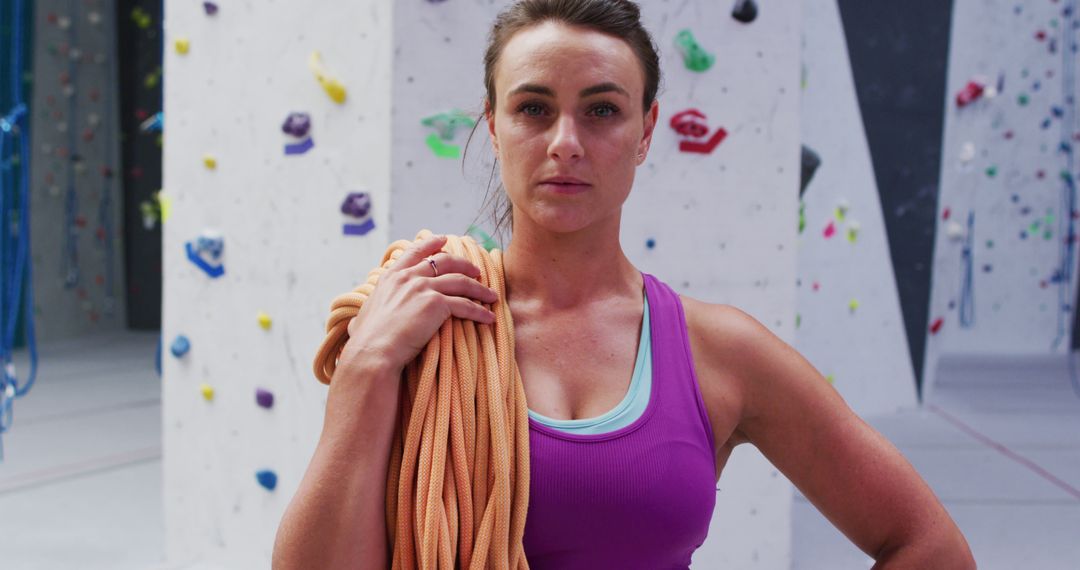 Confident Female Rock Climber Holding Rope at Indoor Climbing Gym - Free Images, Stock Photos and Pictures on Pikwizard.com