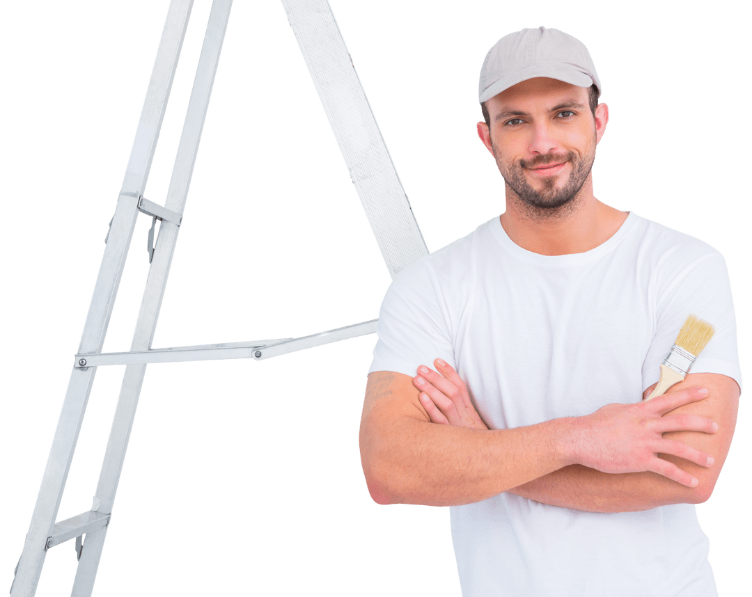 Transparent Image of Handyman Caucasian with Paintbrush and Ladder