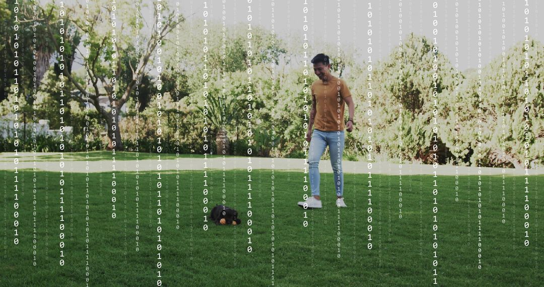 Asian man playing with dog on backyard lawn with binary code overlay blending tech and leisure