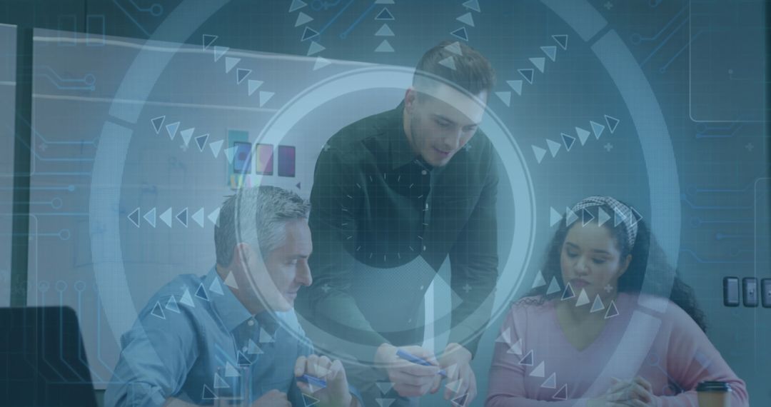 Diverse Team Collaborating with Digital Data Overlay